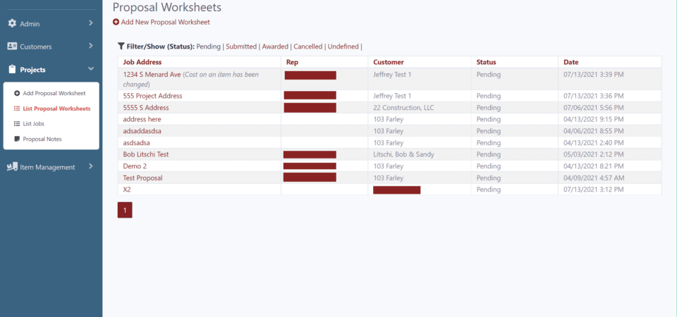 Screenshot of the proposal software UI