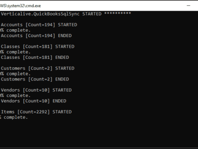 Screenshot showing a command prompt running verticalive.QuckBooksSqlSync