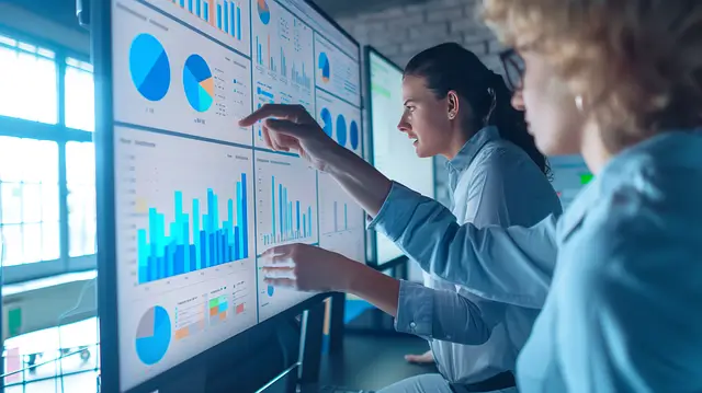 Data workers reviewing computer application dashboard