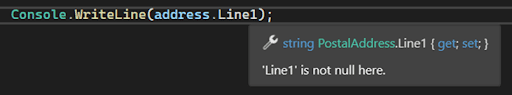 Screenshot showing a line of C# ode with a warning