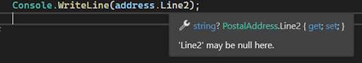 Screenshot showing a line of C# code with a warning