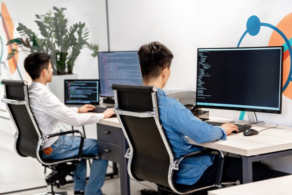 Custom software developers using computers at work